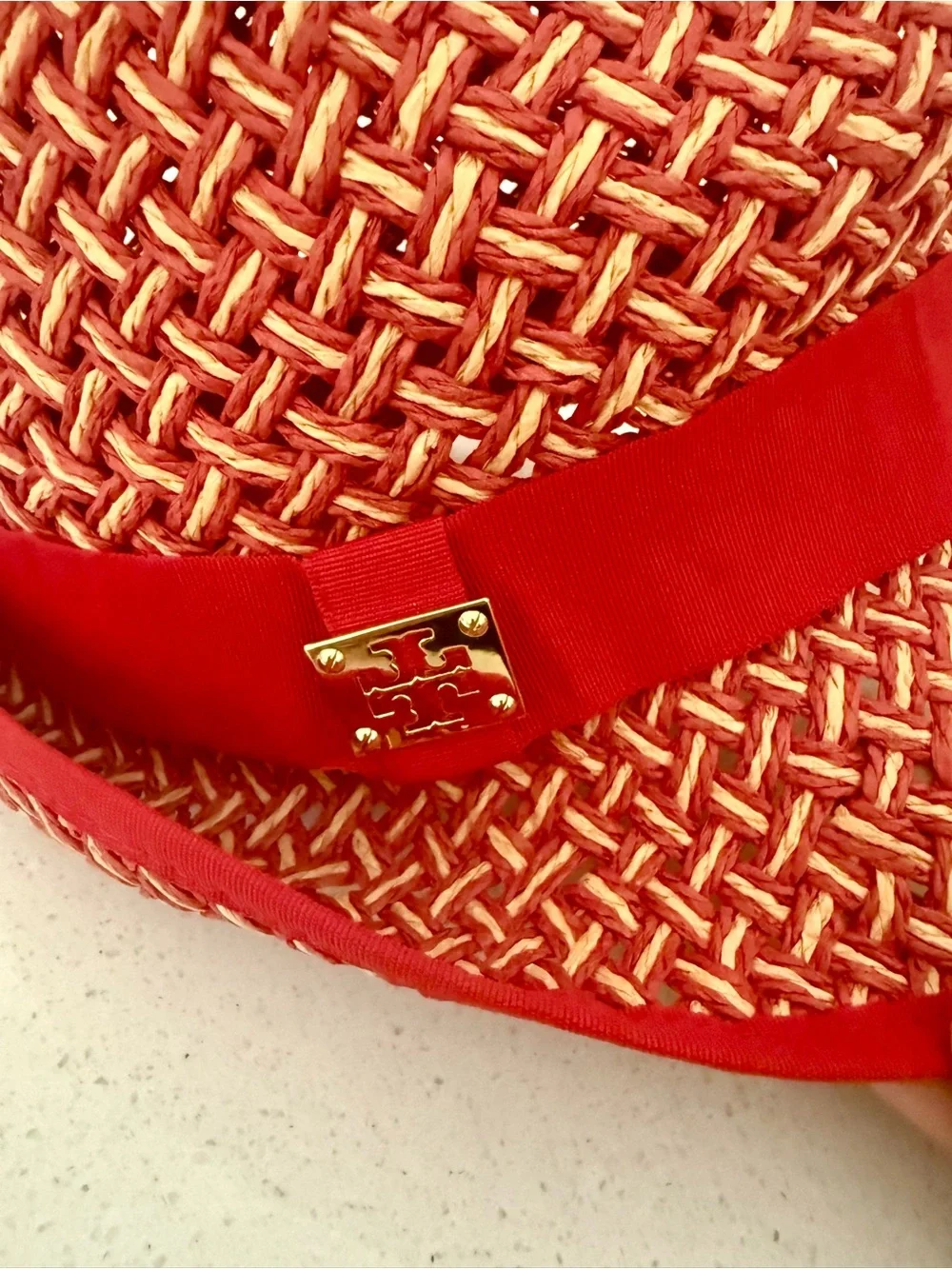 Tory Burch Lobster Red and Natural Woven Straw Fedora with Red Ribbon